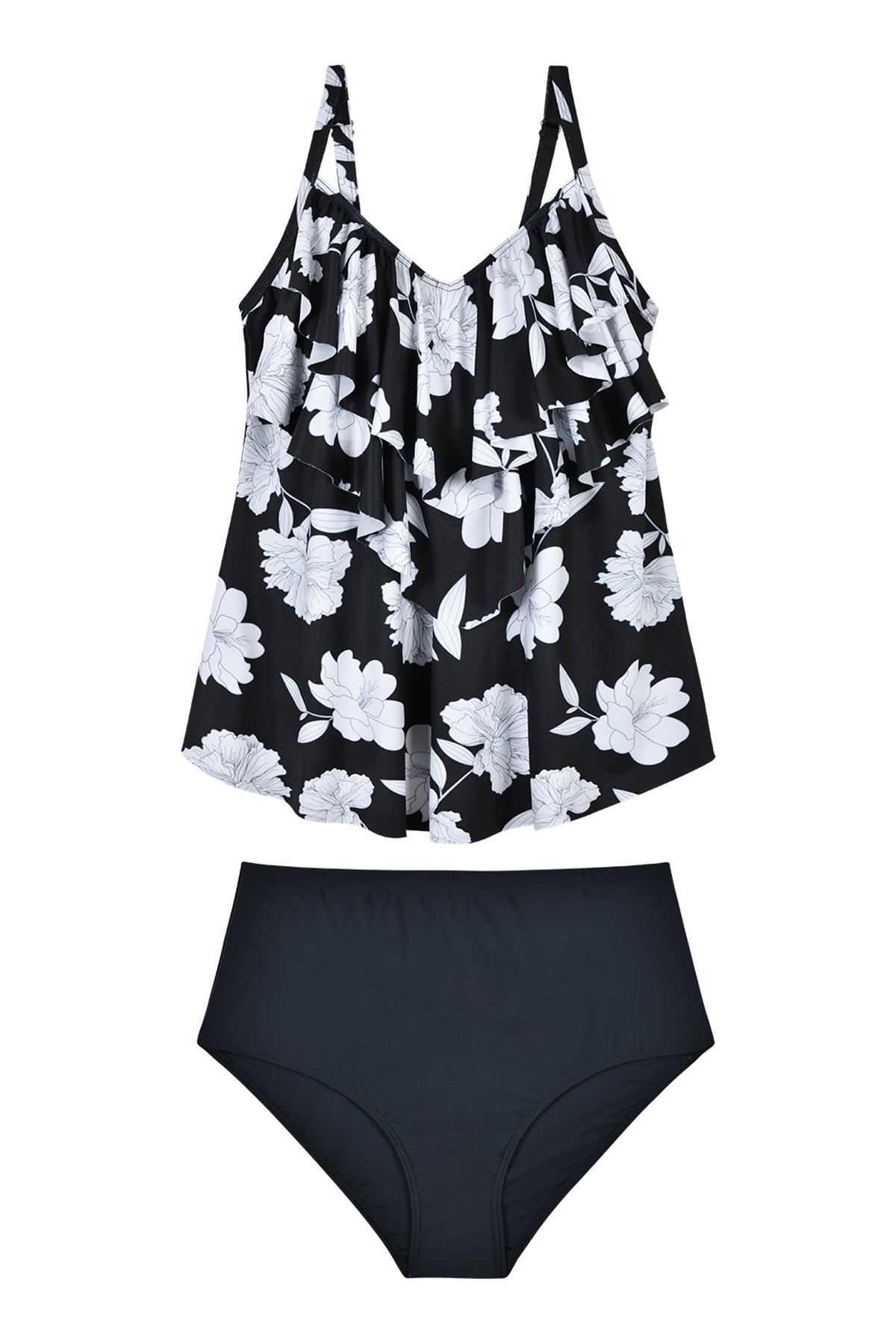 Black and White Floral 3 Tier Tankini Set