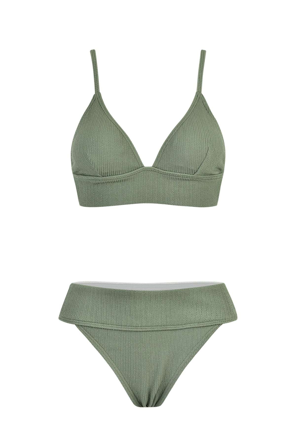 Olive Green Textured Triangle Bikini Set