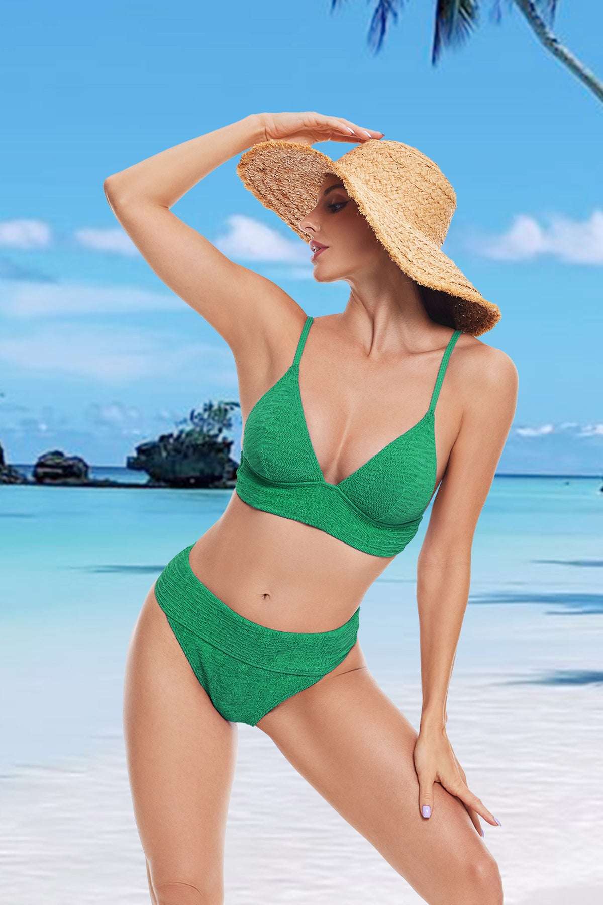 Green Textured Triangle Bikini Set
