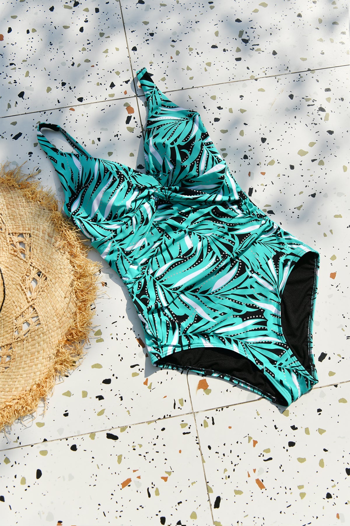 Tropical Green Leaf V Neck One Piece Swimsuit