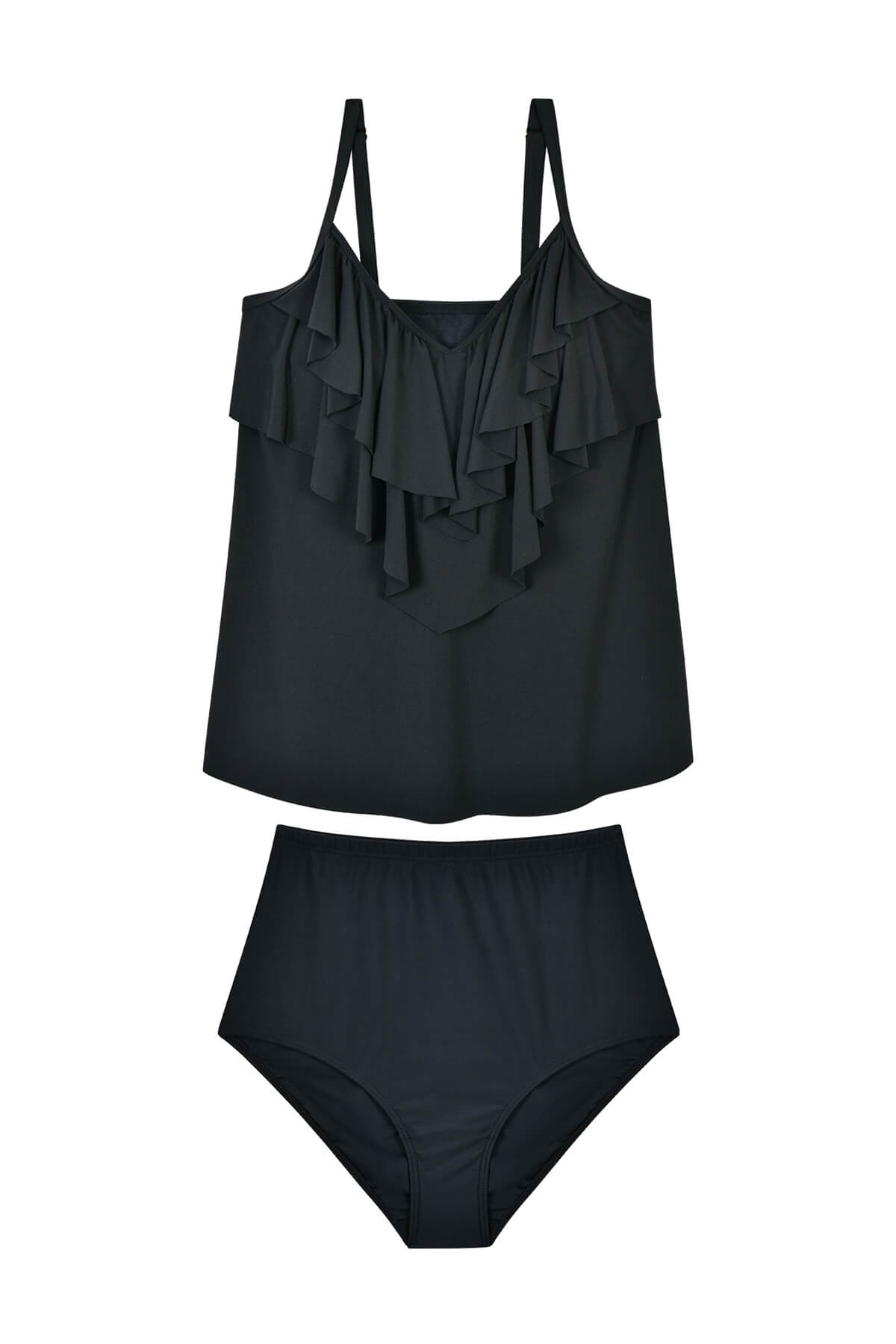 Balck Three Tiered Ruffled 2 Pieces Slimming Tankini Set