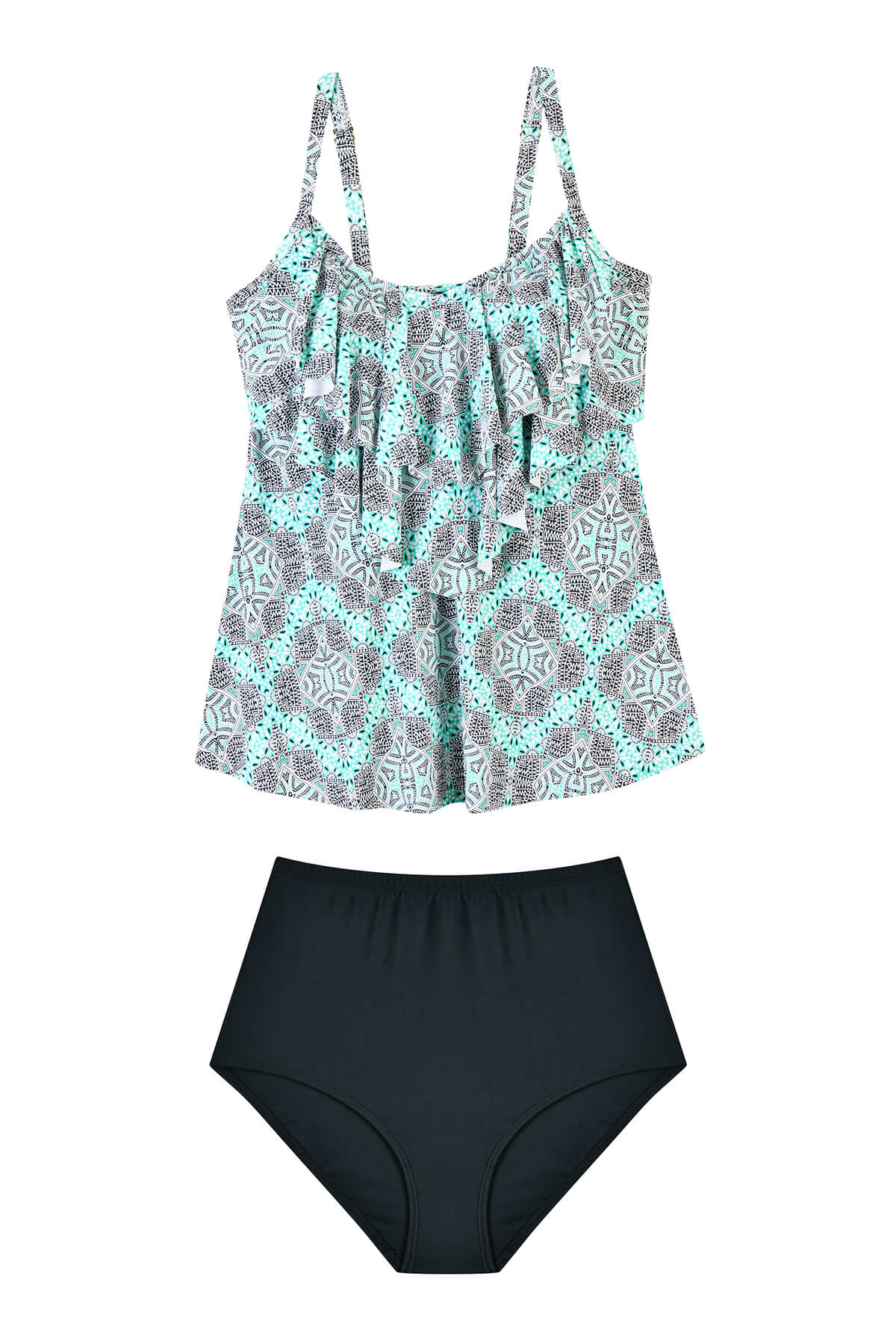 Geomictric Three Tiered Ruffled 2 Pieces Slimming Tankini Set