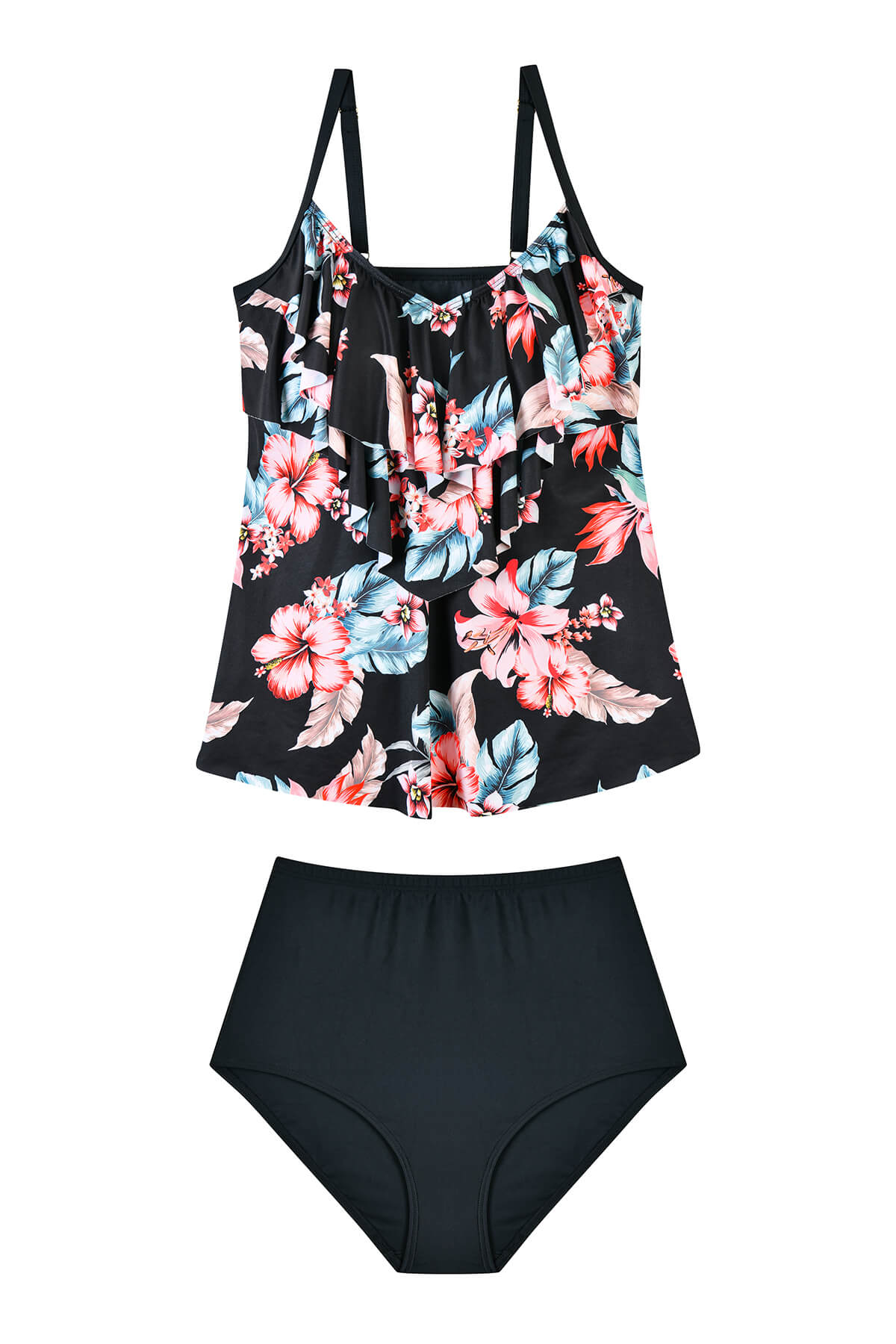 Tropical Three Tiered Ruffled 2 Pieces Slimming Tankini Set
