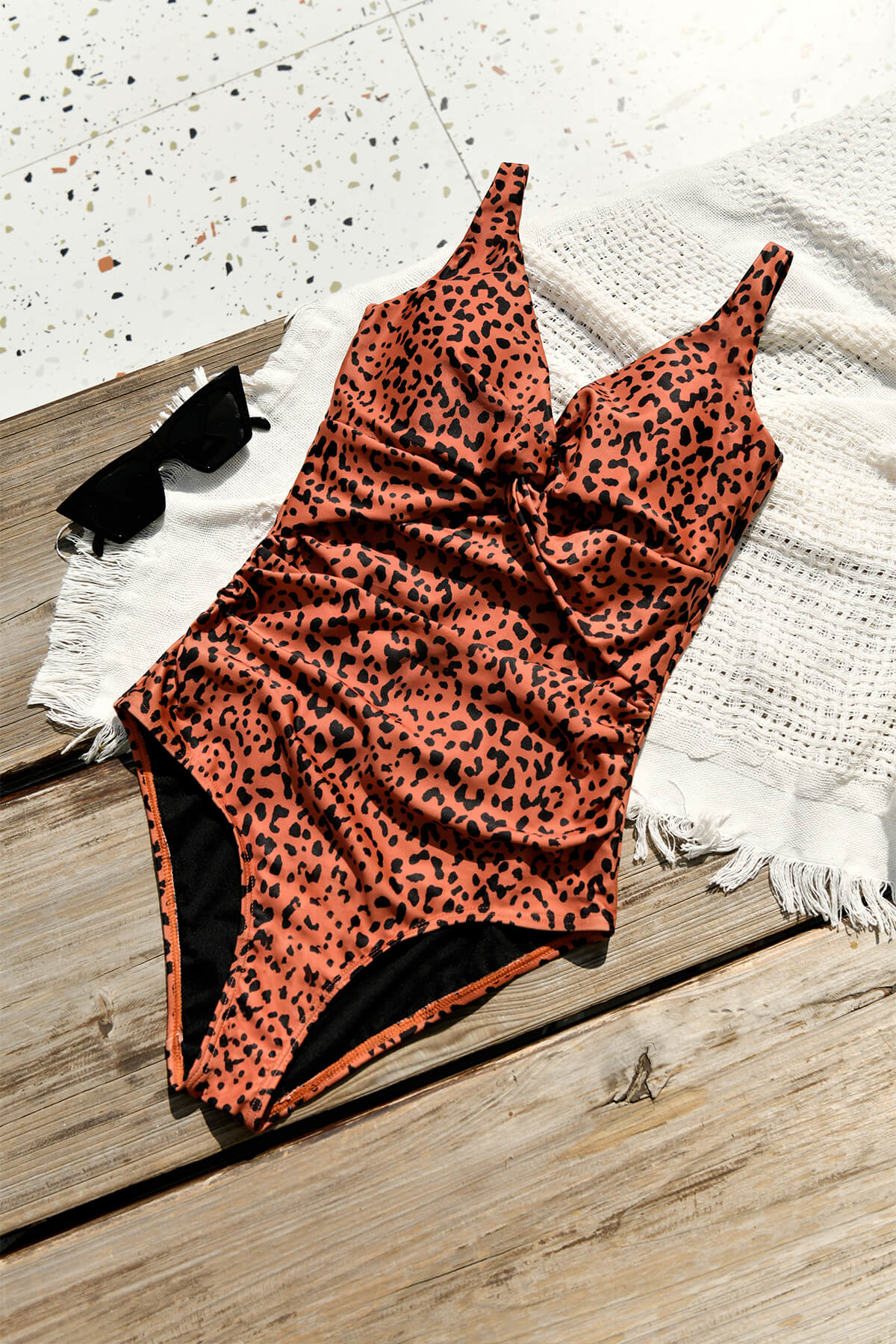 Brown Leopard Tummy Control Ruched One Piece Swimsuit
